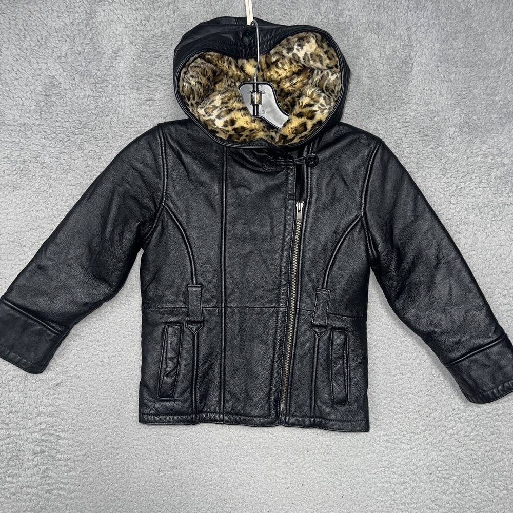 VTG Wilson Leather Kids Biker Jacket Youth XS Black Hooded Leopard Fur Lined Y2K